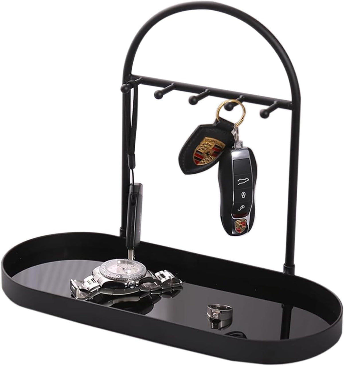 Shinpuru Metal Jewelry Organizer Stand & Key Holder Tray with Acrylic Base, Key Stand and Jewelry Tray with 5 Hooks, Perfect Bowl, Valet, Key Tray, Ring Holder, Jewelry Dish(Matt Black)