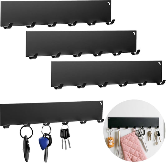 4 Pcs Magnetic Key Holder for Fridge, Heavy Duty Strong Key Rack Hanger with 6 Hooks, Magnetic Utensil Holder for Hanging Purse Kitchen Grill Tools Coat