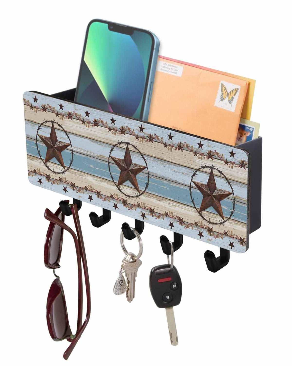 West Texas Star Rustic Key Holder Wall Mount,Teal Green Wood Plank Black Hanging Mail Organizer with 5 Key Hooks Wall Decorative,Adhesive Key Rack with Shelf for Hallway Kitchen Entryway Decor