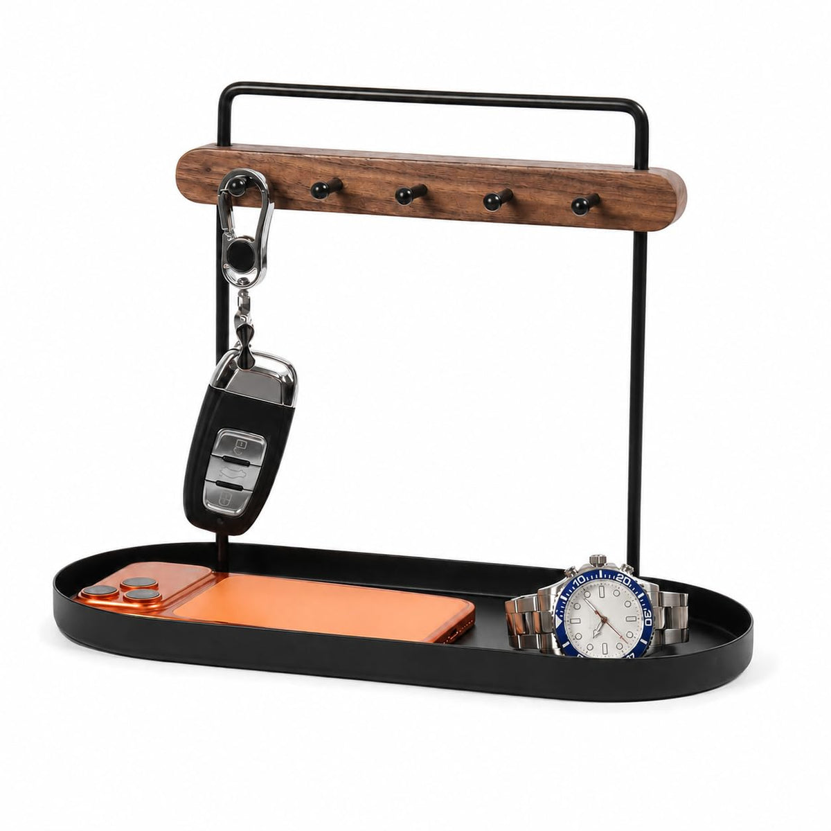 Shinpuru Key Holder Tray, Metal Stand, Walnut Wood Bar with 5 Hooks, Small