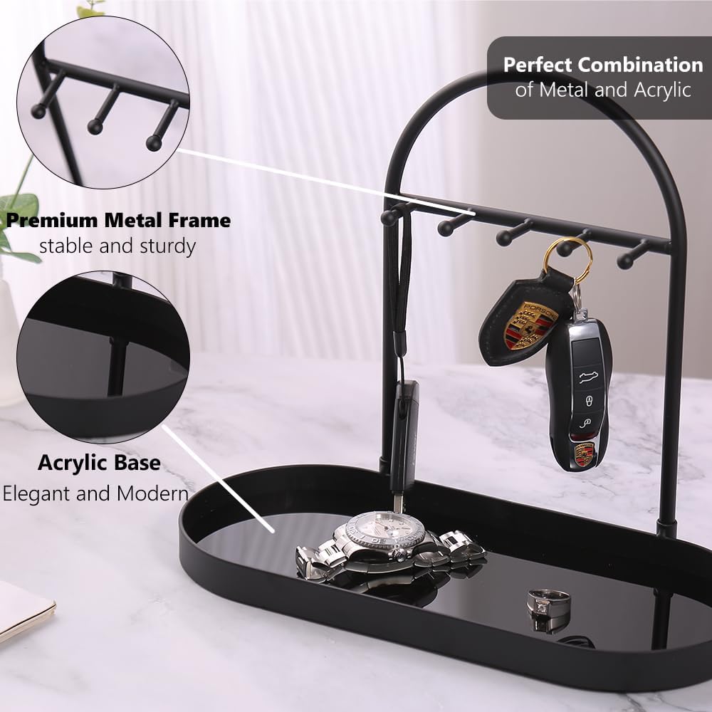 Shinpuru Metal Jewelry Organizer Stand & Key Holder Tray with Acrylic Base, Key Stand and Jewelry Tray with 5 Hooks, Perfect Bowl, Valet, Key Tray, Ring Holder, Jewelry Dish(Matt Black)