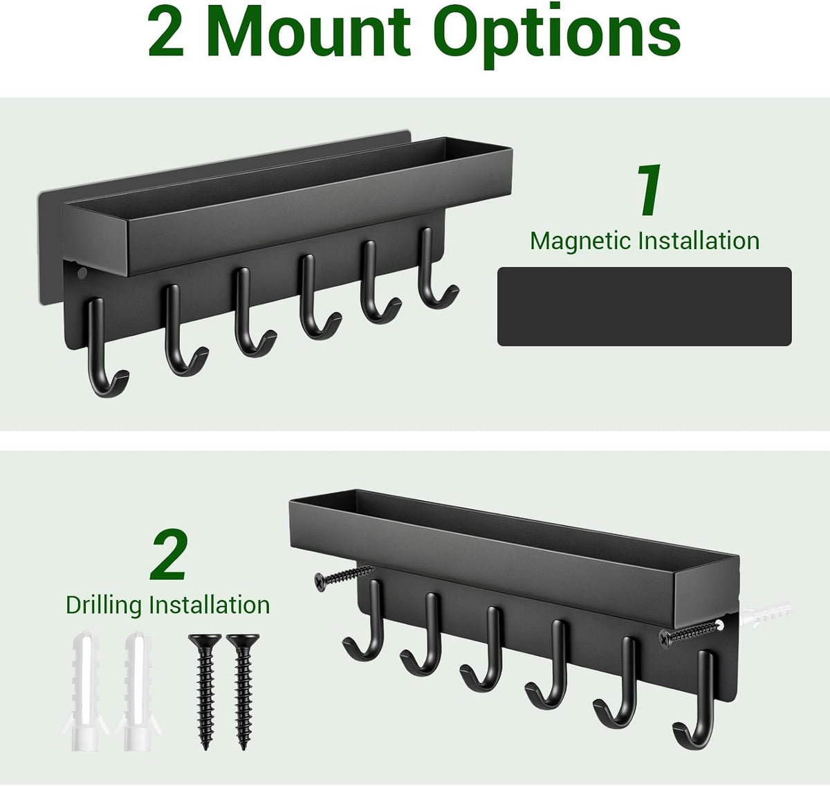 2 Pcs Magnetic Key Holder Wall Mount, Compact Metal Key-Rack with Tray, 6 Hooks Each, Black, Wall Mount Key Holder for Entryway Organization