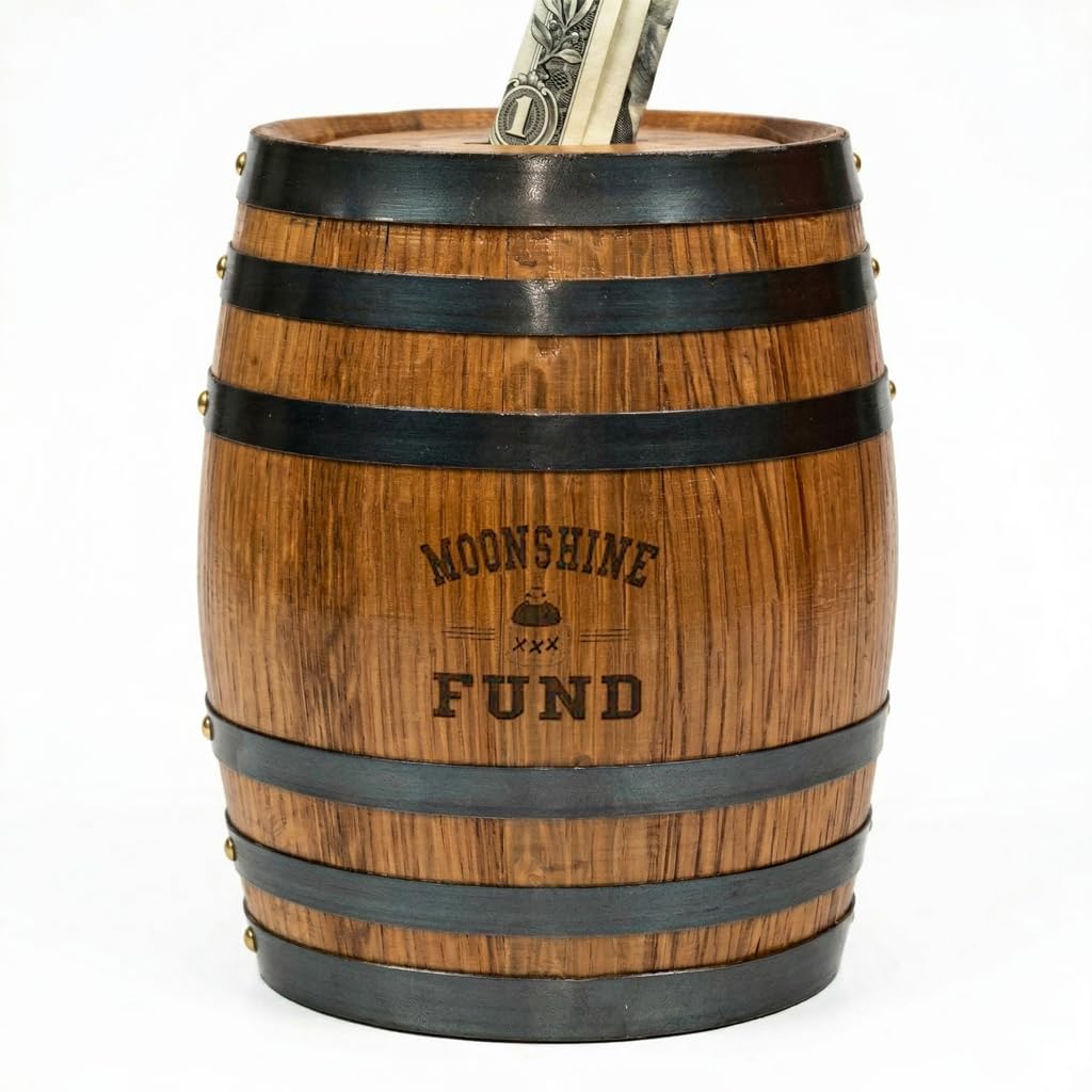 Handmade Wooden Oak Whiskey Barrel Piggy Bank for Adults, Money Saver