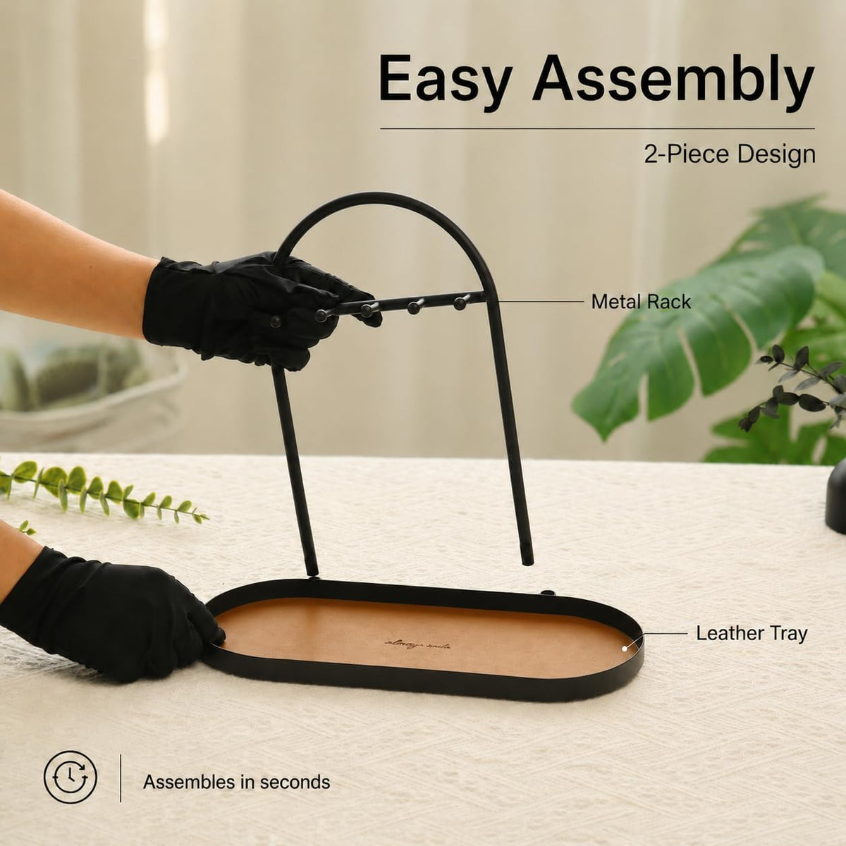 Shinpuru Key Holder Tray, Metal Stand with Leather Tray, 5 Hooks (Brown)