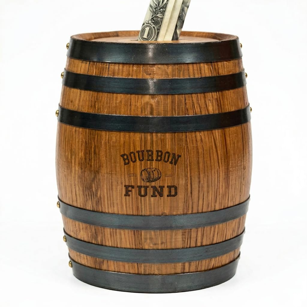 Handmade Wooden Oak Whiskey Barrel Piggy Bank for Adults, Money Saver