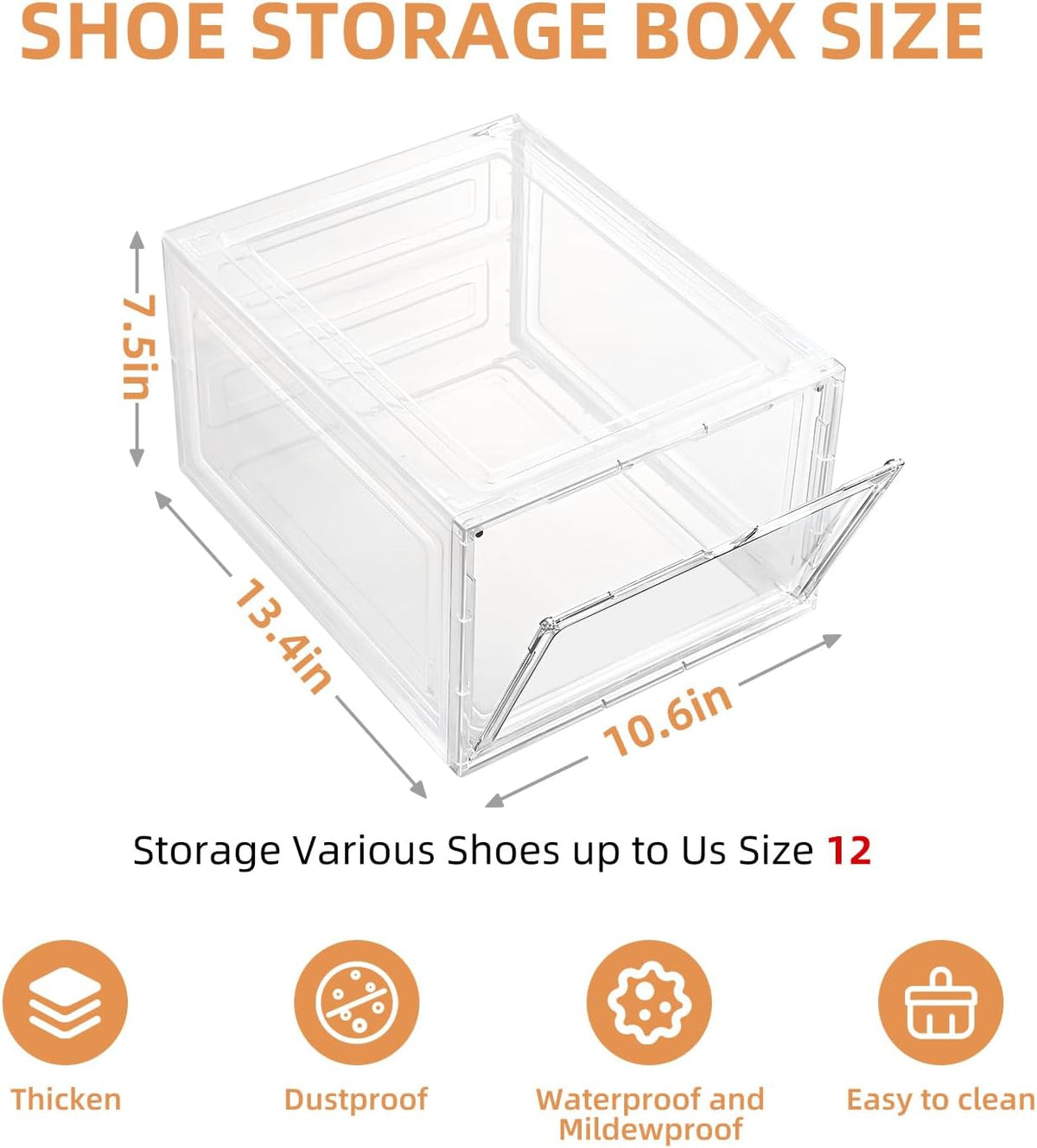Shoe Organizer,Thicken & Sturdy Shoe Boxes with Magnetic Door,Stackable Plastic Shoe Storage Boxes Containersfor Sneakers,13.5" x 10.5" x 7.4" (Clear, 12 Pack)