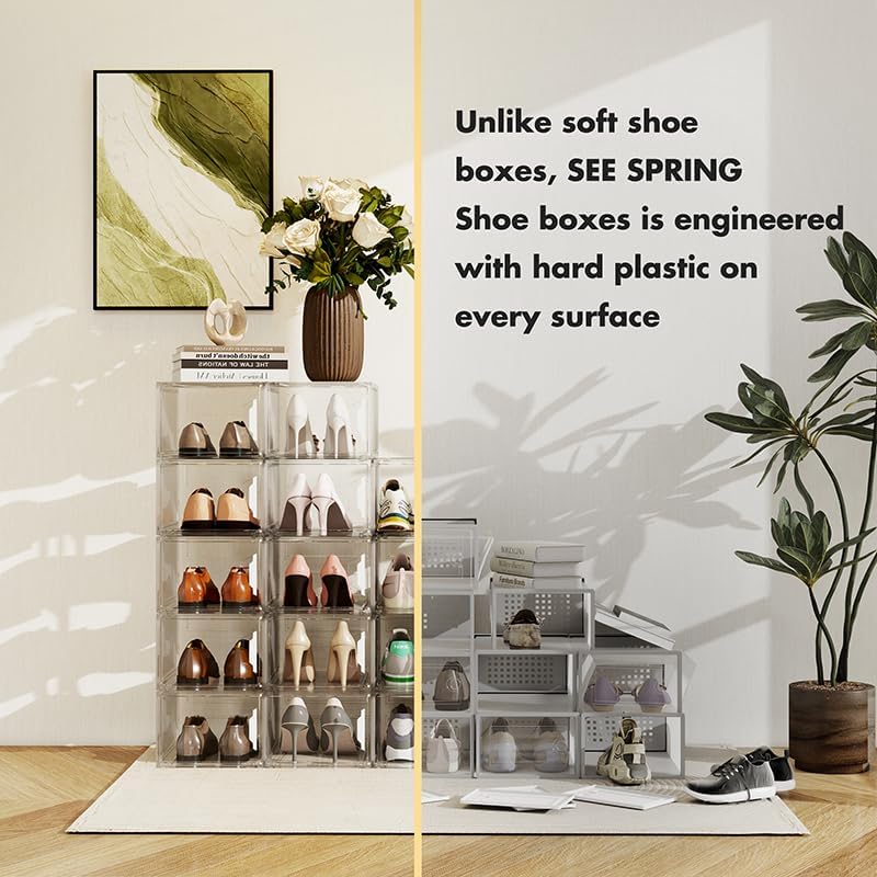 SEE SPRING Clear Shoe Storage Boxes, 6 Pack Stackable Hard Plastic Organizer for Closet Fit Size 14
