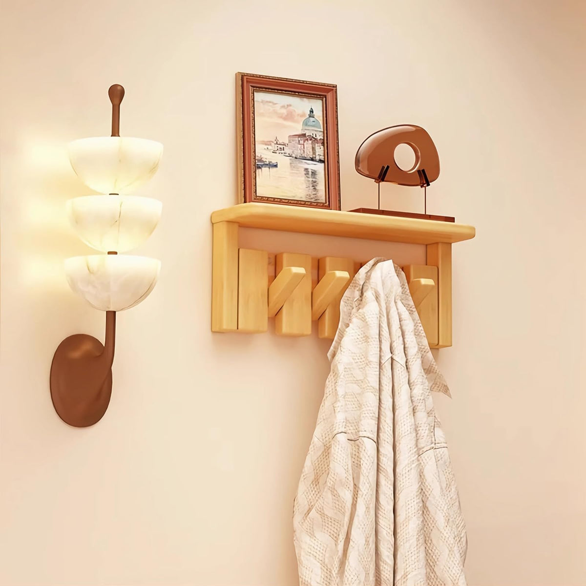 Paint Wood Wall Mounted Coat RackHooks Piano Key Hangers Natural Solid Wood Hanger Non-Woven Fabric Clothes Hangers for Closet, Kitchen, Bedroom, Bathroom, Entryway (Walnut-Beech, 8 Hooks)