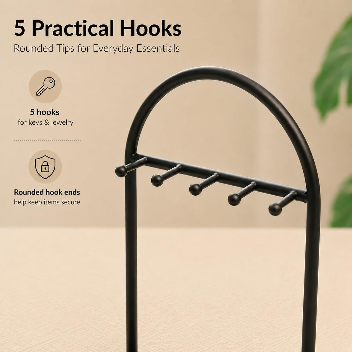 Shinpuru Key Holder Tray, Metal Stand with Leather Tray, 5 Hooks (Brown)