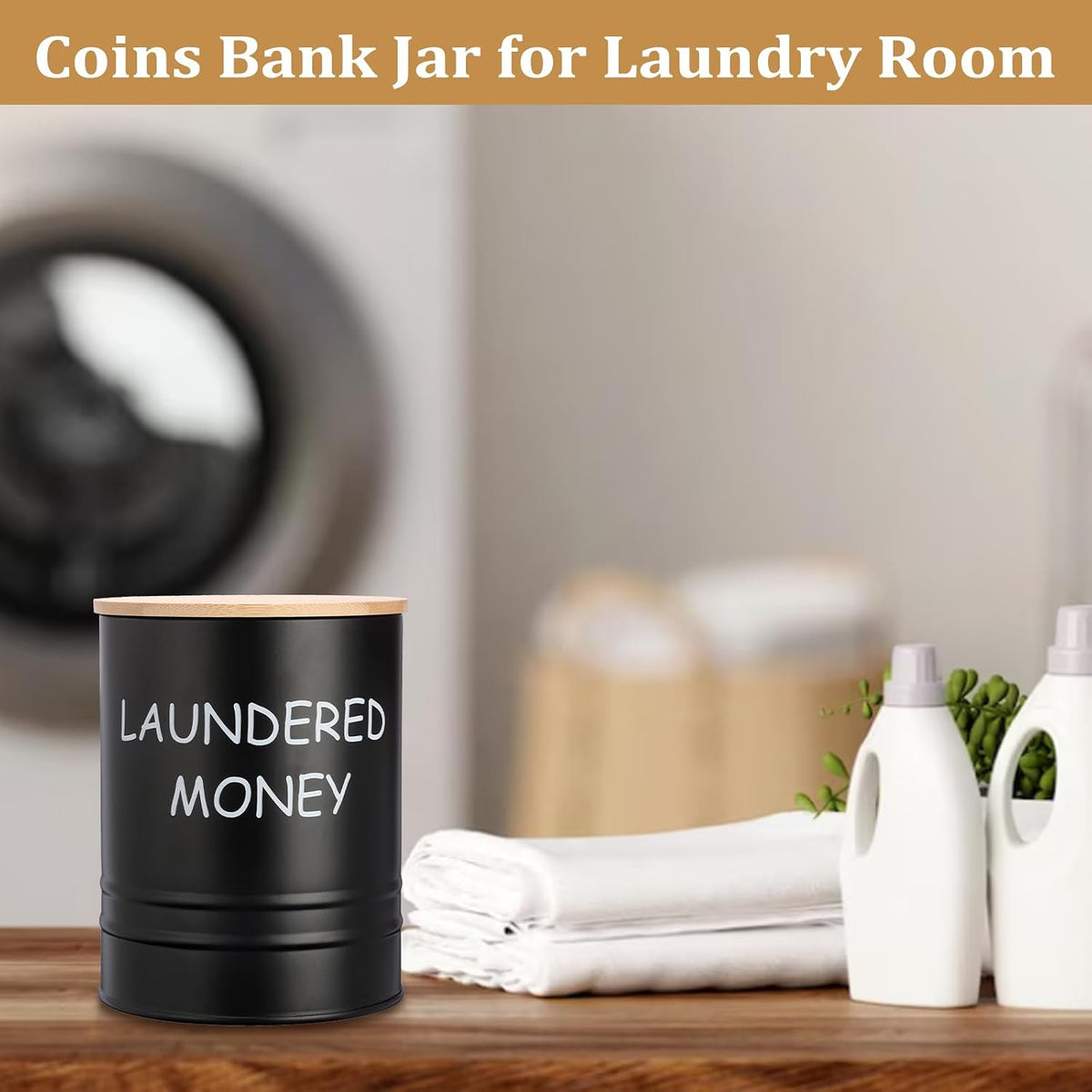 Laundry Room Coin Bank Jar with Money Slot and Wooden Lid, Black