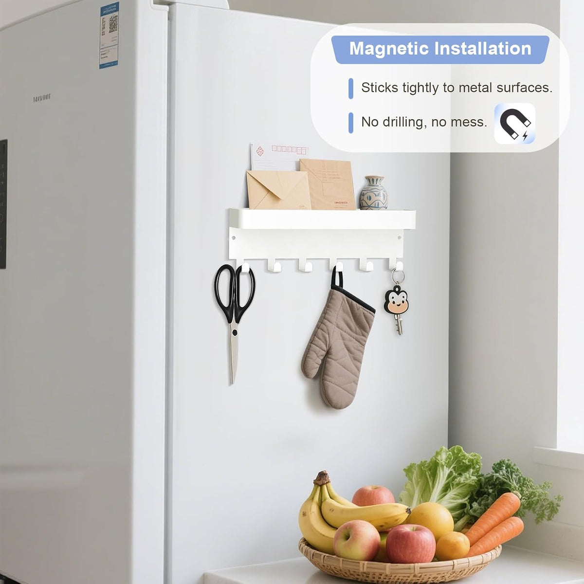 RELBRO Magnetic Key Holder for Fridge, Key Rack with Shelf, White