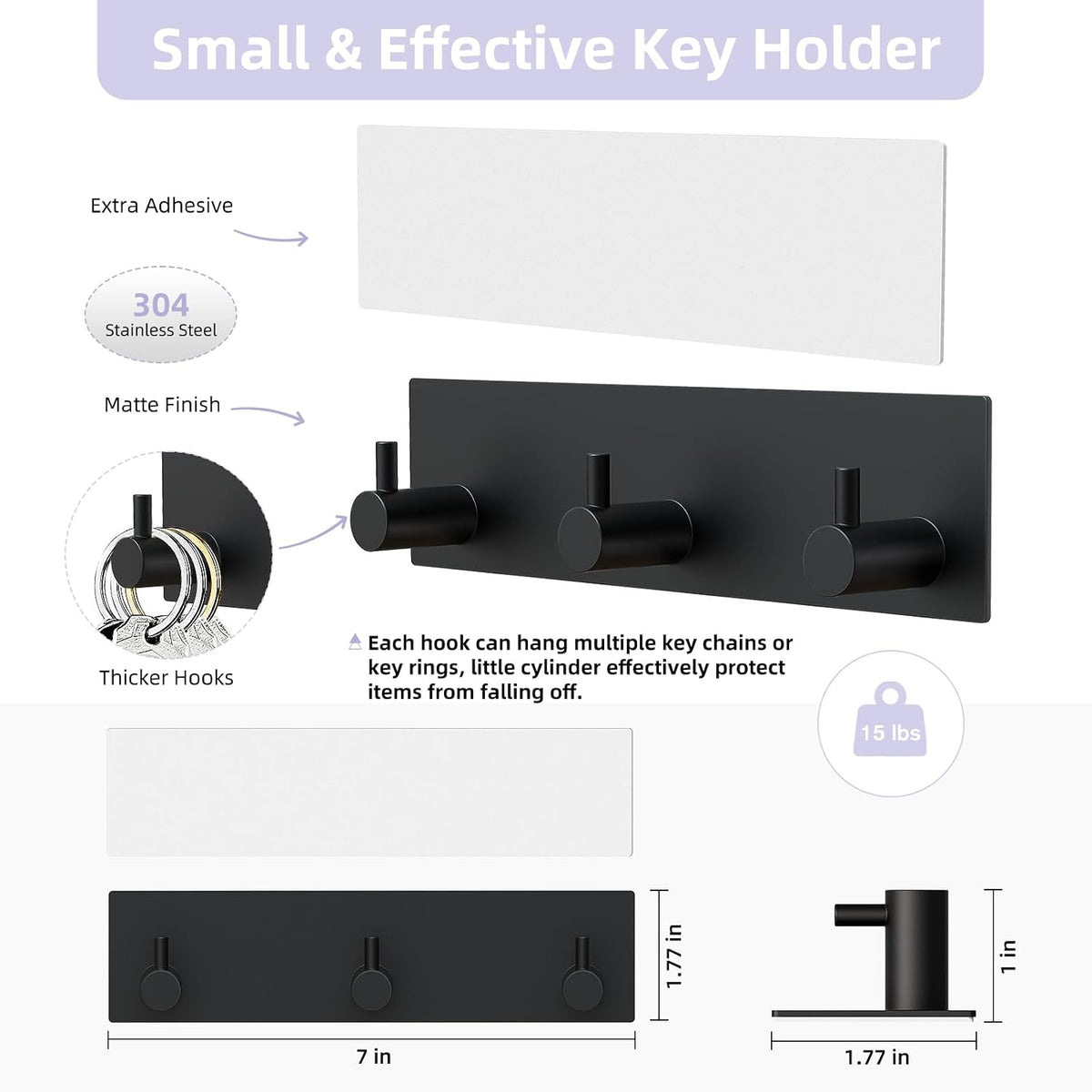 VIS'V Key Holder Wall Mount, Small Adhesive Key Hanger with 3 Hooks, Black