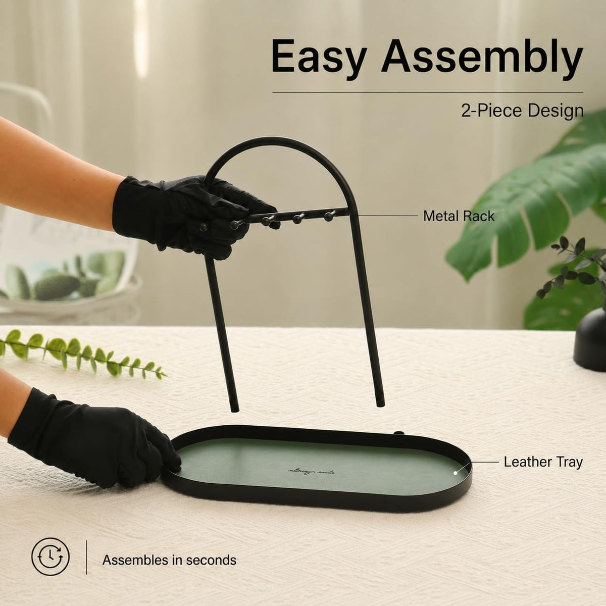 Shinpuru Key Holder Tray, Metal Stand with Leather Tray, 5 Hooks (Green)