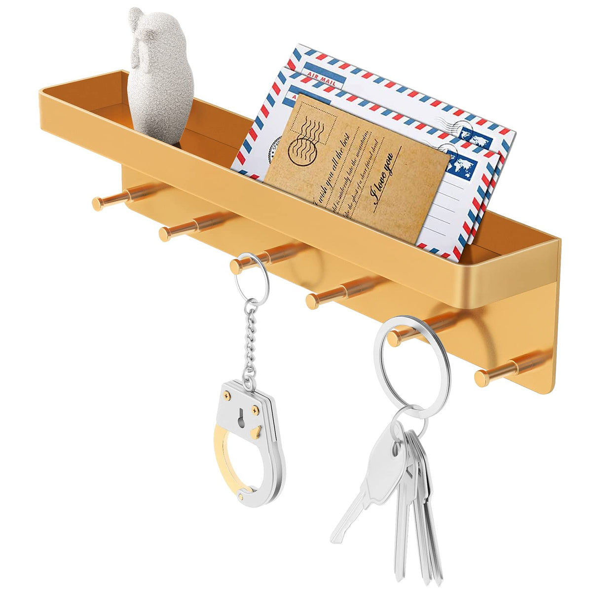 MKO Key Holder Wall Mount, Adhesive Key Hanger with 6 Hooks for Wall, White