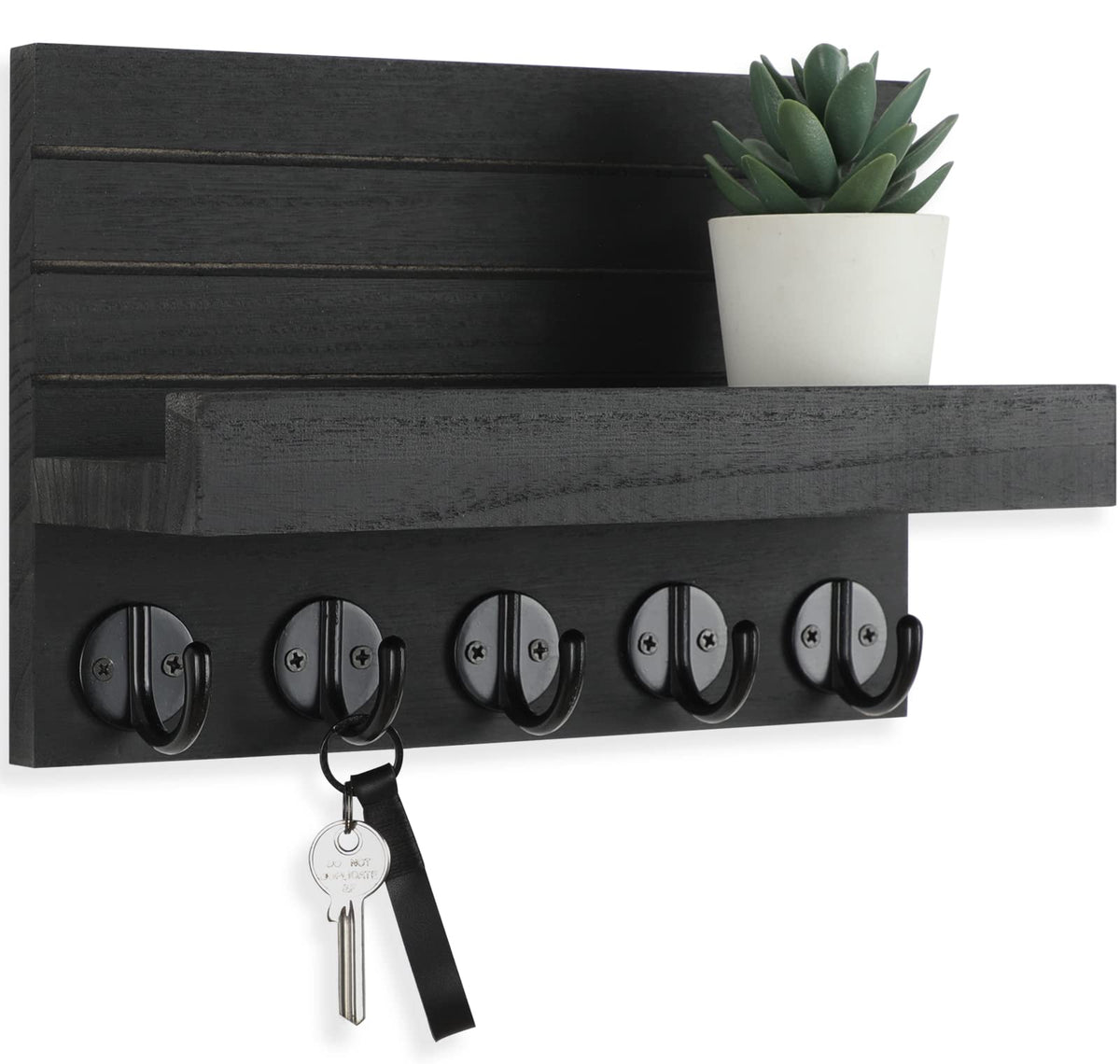 Lwenki Key Holder for Wall, Decorative Key and Mail Holder with Shelf Has Large Key Hooks for Bags, Coats – Paulownia Wood Key Hanger with Mounting Hardware (9.8”W x 6.7”H x 4.2”D) (Brown)