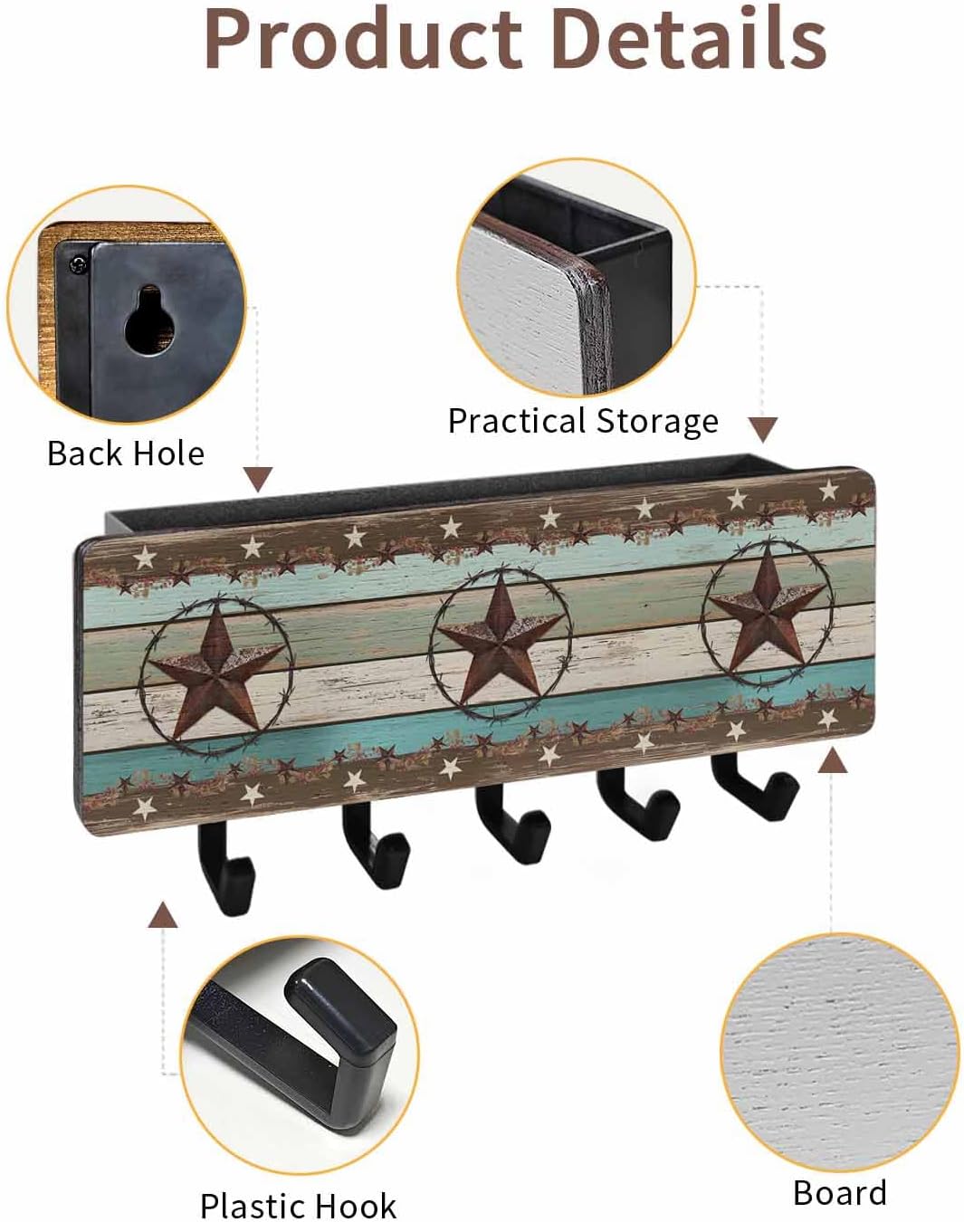 West Texas Star Rustic Key Holder Wall Mount,Teal Green Wood Plank Black Hanging Mail Organizer with 5 Key Hooks Wall Decorative,Adhesive Key Rack with Shelf for Hallway Kitchen Entryway Decor