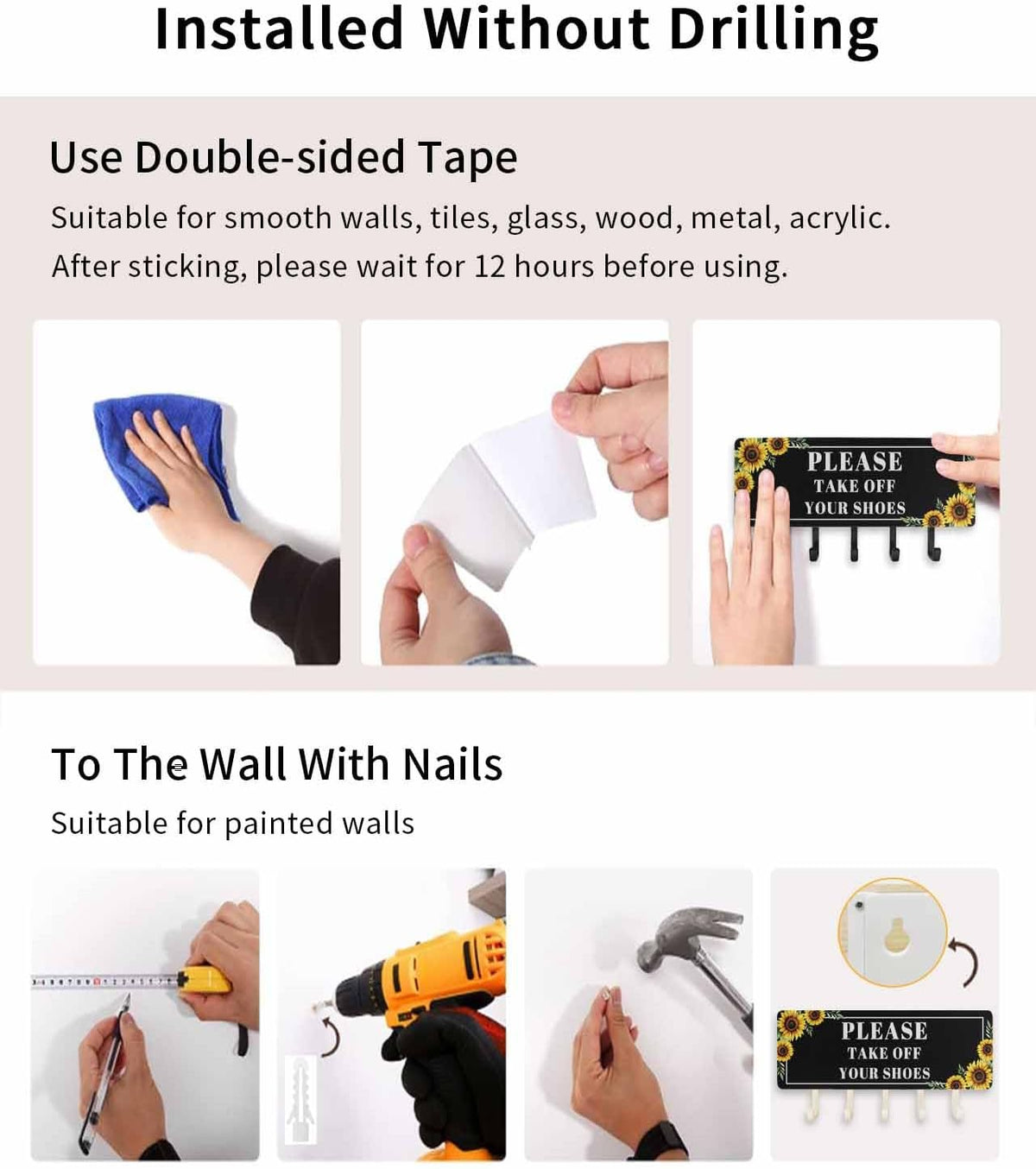 Funny Black Key Holder Wall Mount,Sunflower Leaf Take Off Your Shoes Black Hanging Mail Organizer with 5 Key Hooks Wall Decorative,Adhesive Key Rack with Shelf for Hallway Kitchen Farmhouse Entryway