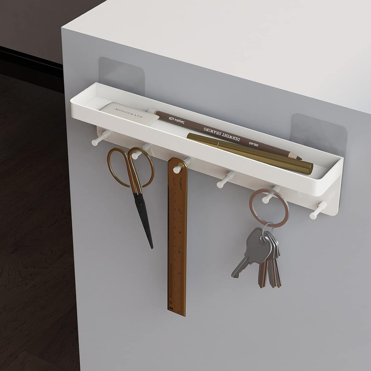MKO Key Holder Wall Mount, Adhesive Key Hanger with 6 Hooks for Wall, White