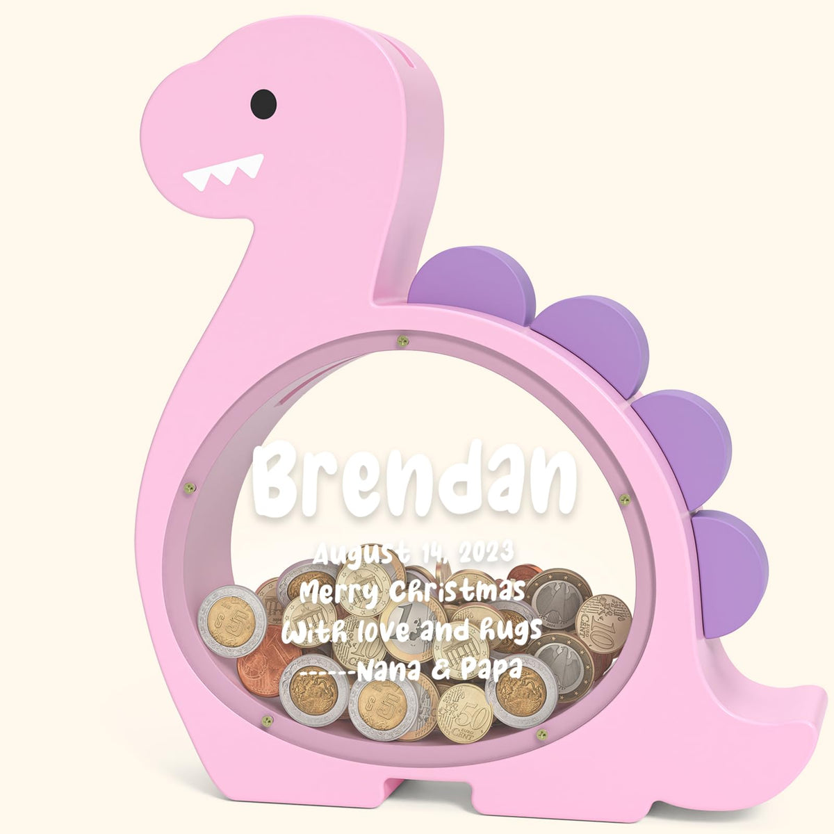 Summidate Wooden Dinosaur Piggy Bank, Large Clear Money Bank for Kids Boys