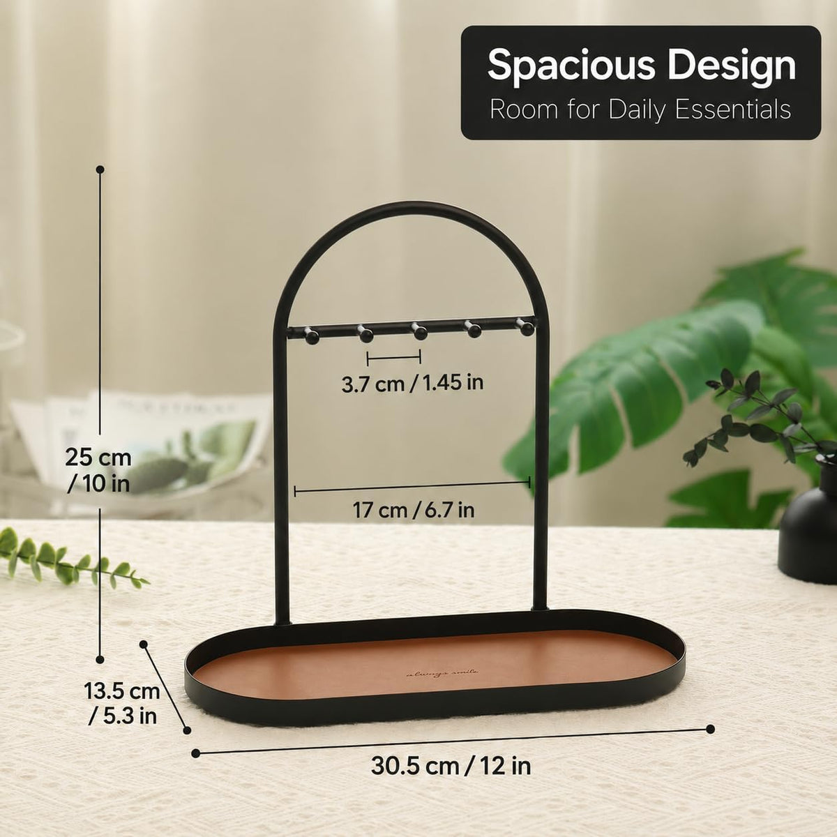 Shinpuru Key Holder Tray, Metal Stand with Leather Tray, 5 Hooks (Brown)