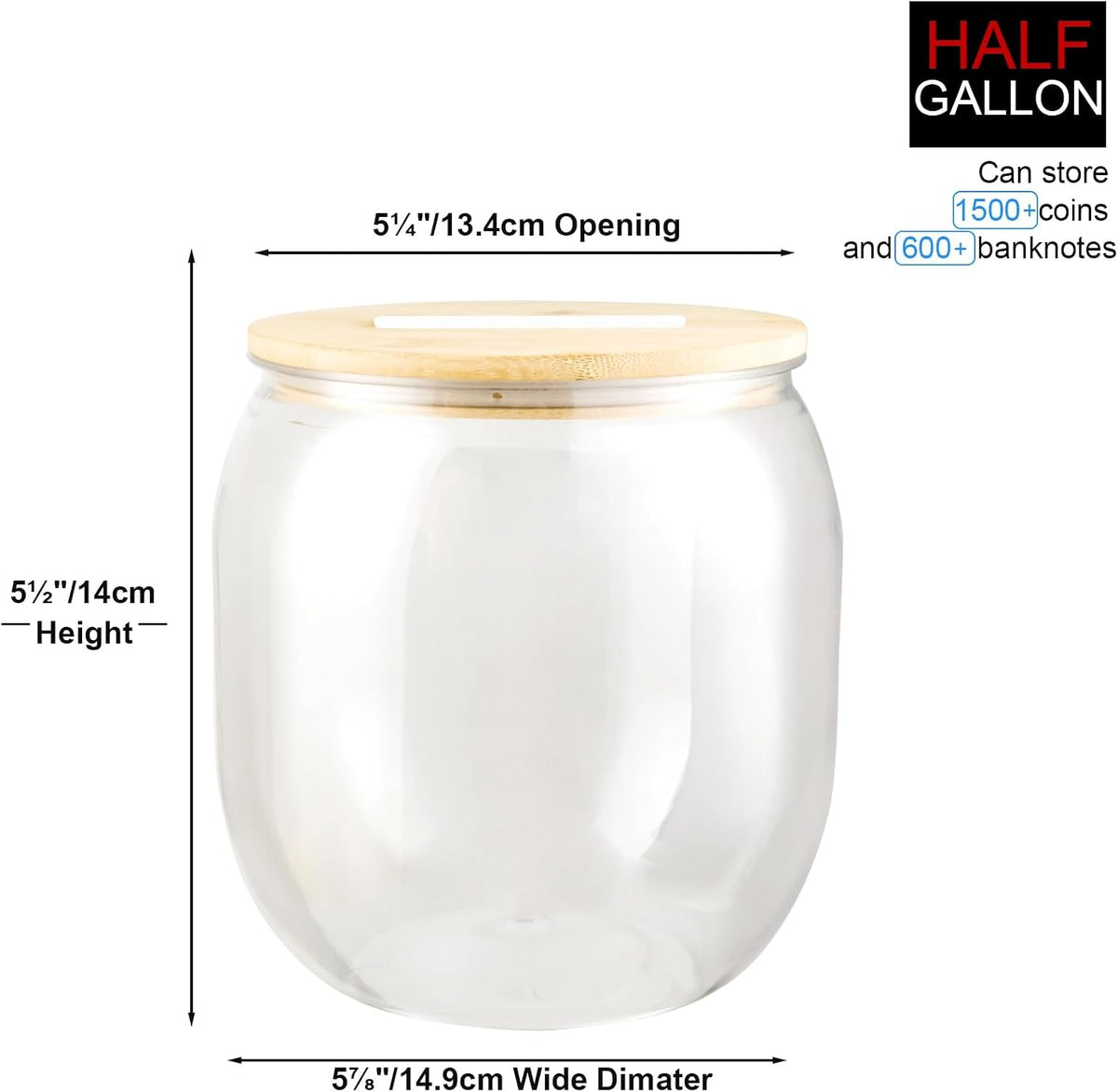 Yamahiko Large Clear Coin Bank Jar with Slotted Lid, Half Gallon Reusable Money Tip Change Savings Coin Jar for Coin or Raffle Ticket, Big Clear Money Coin Tip Piggy Change Bank Box for Adults Teens