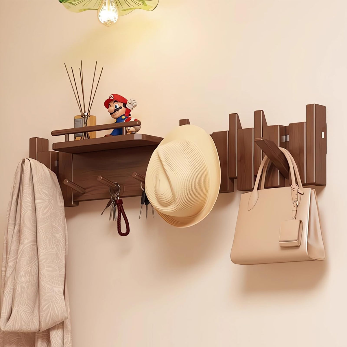 Paint Wood Wall Mounted Coat RackHooks Piano Key Hangers Natural Solid Wood Hanger Non-Woven Fabric Clothes Hangers for Closet, Kitchen, Bedroom, Bathroom, Entryway (Walnut-Beech, 8 Hooks)