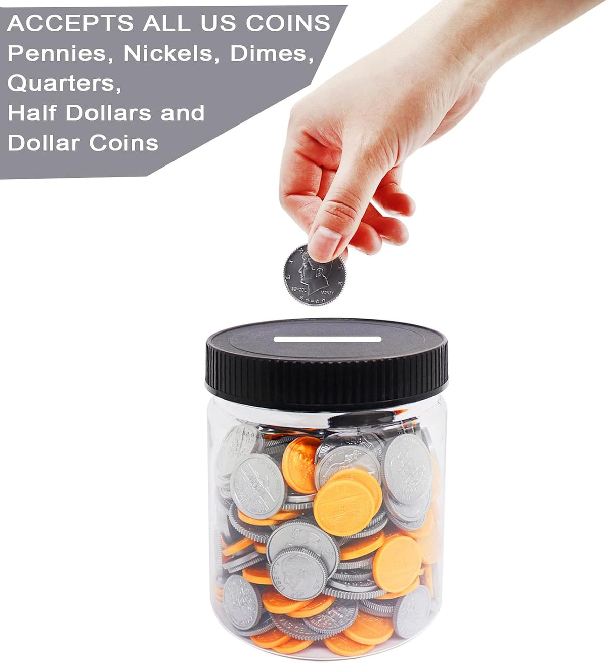 Small Coin Bank 4-Pack, 16oz Clear Plastic Money Jars With Black Slotted Lids, Transparent Piggy Banks for Adults, Teens, Kids, Girls, Boys