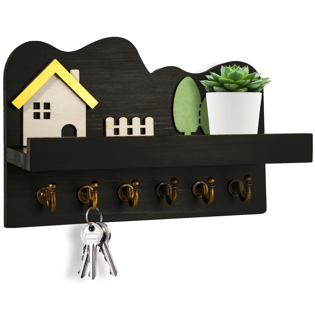 Key Holder for Wall Adhesive, No Damage Small Key Rack with 4 Hooks for Camper, RV or Office, Wooden