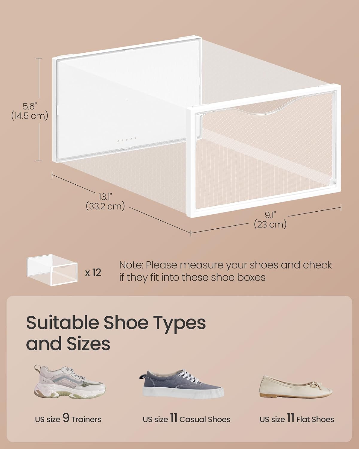 SONGMICS Shoe Boxes, Stackable Sneaker Containers for Closet, 12 Pack