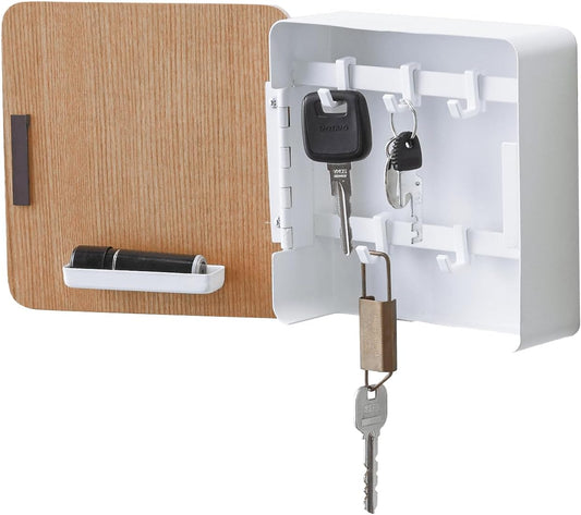 YAMAZAKI Home Rin Square Magnetic Key Cabinet - Wood Accented Keychain Organizer - Steel + Wood