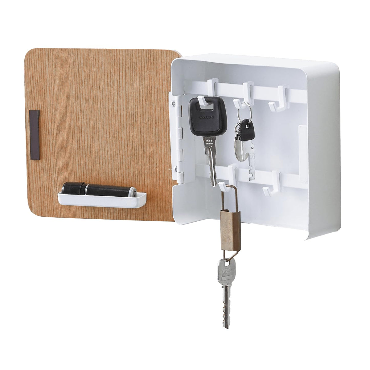 YAMAZAKI Home Rin Square Magnetic Key Cabinet - Wood Accented Keychain Organizer - Steel + Wood