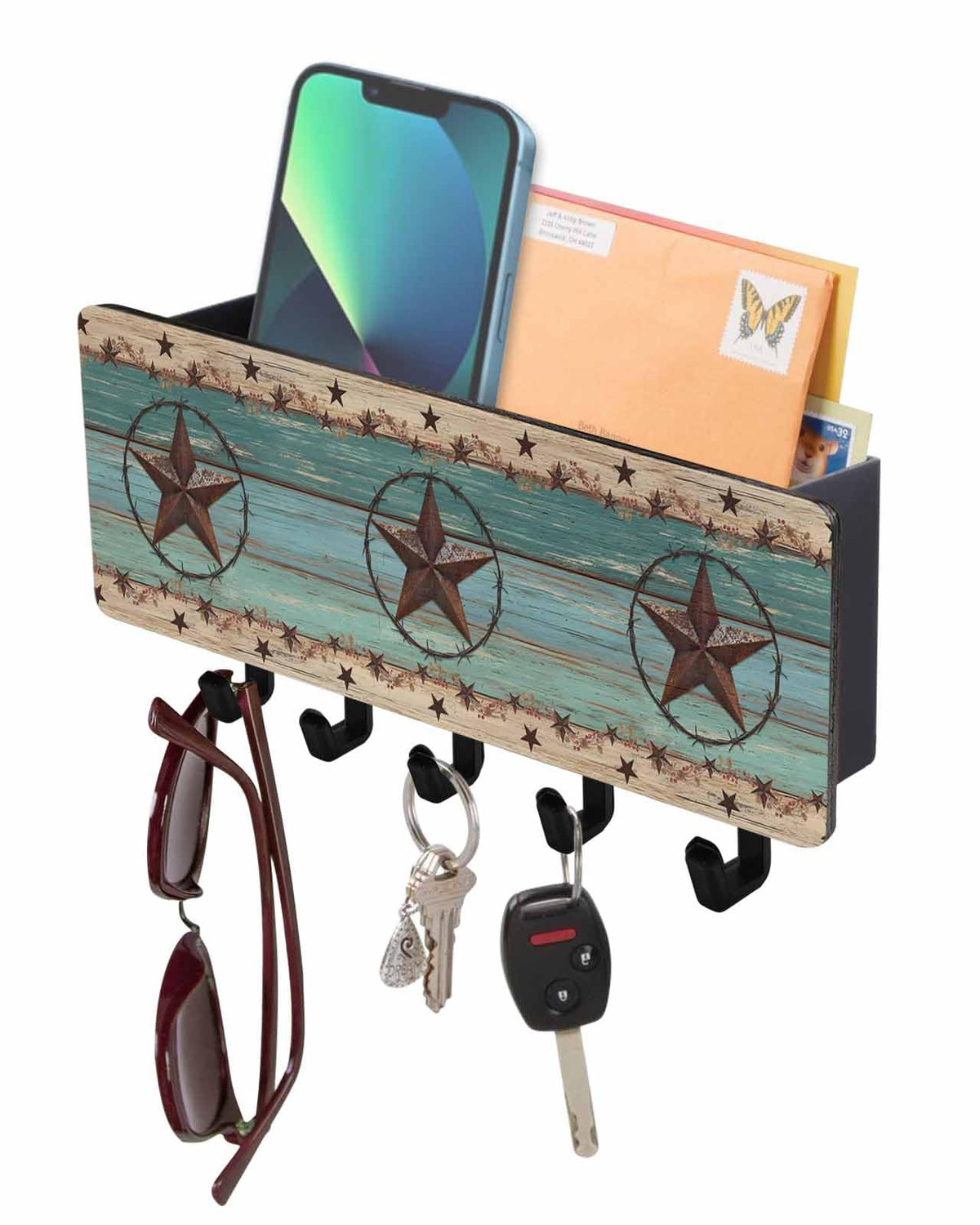 West Texas Star Rustic Key Holder Wall Mount,Teal Green Wood Plank Black Hanging Mail Organizer with 5 Key Hooks Wall Decorative,Adhesive Key Rack with Shelf for Hallway Kitchen Entryway Decor