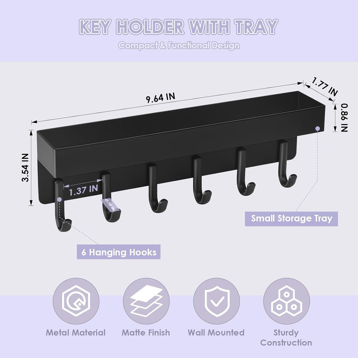 VIS'V Key Holder Wall Mount, Adhesive Key Rack with Tray, 6 Hooks, Black