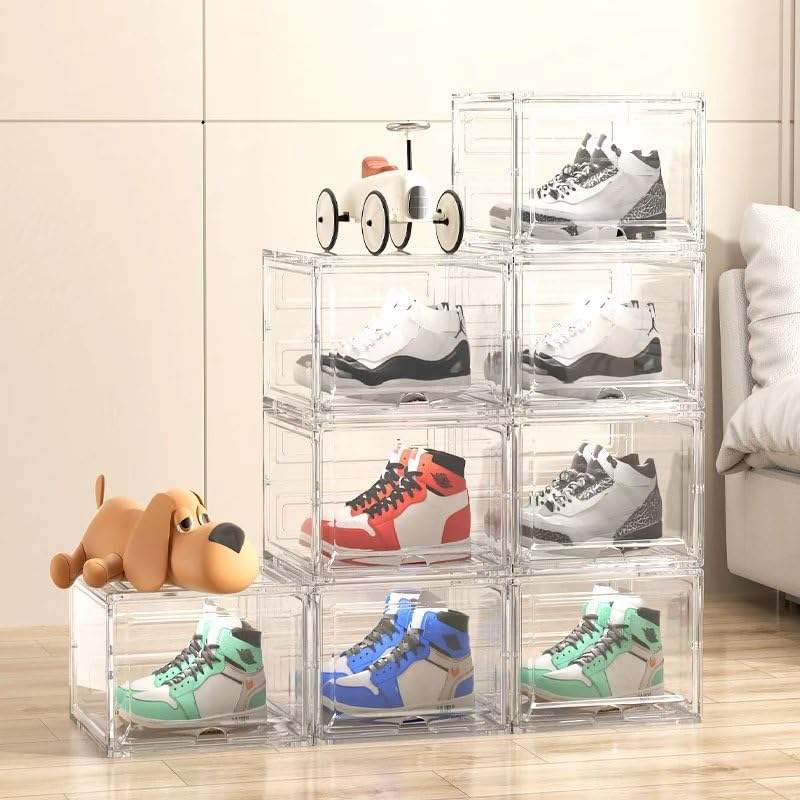 Transparent plastic shoe box, stackable storage box, with flip-up front door, 4-piece set, suitable for organizing shoes on closet shelves