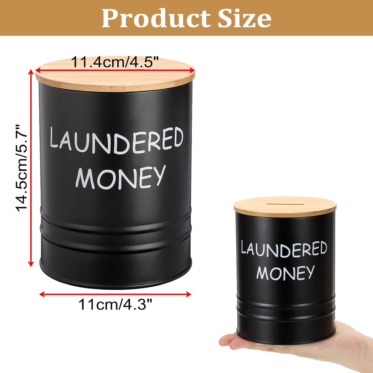 Laundry Room Coin Bank Jar with Money Slot and Wooden Lid, Black