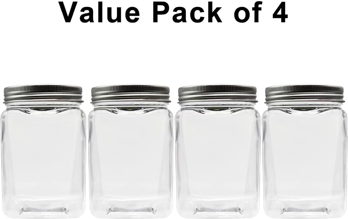 Small Coin Bank Jars 4-Pack, 16oz Clear Plastic Coin Money Tip Coin Mason Jars with Silver Slotted Lids, Small Transparent Plastic Coin Money Piggy Banks Jars for Adults Teens Kids Girls Boys