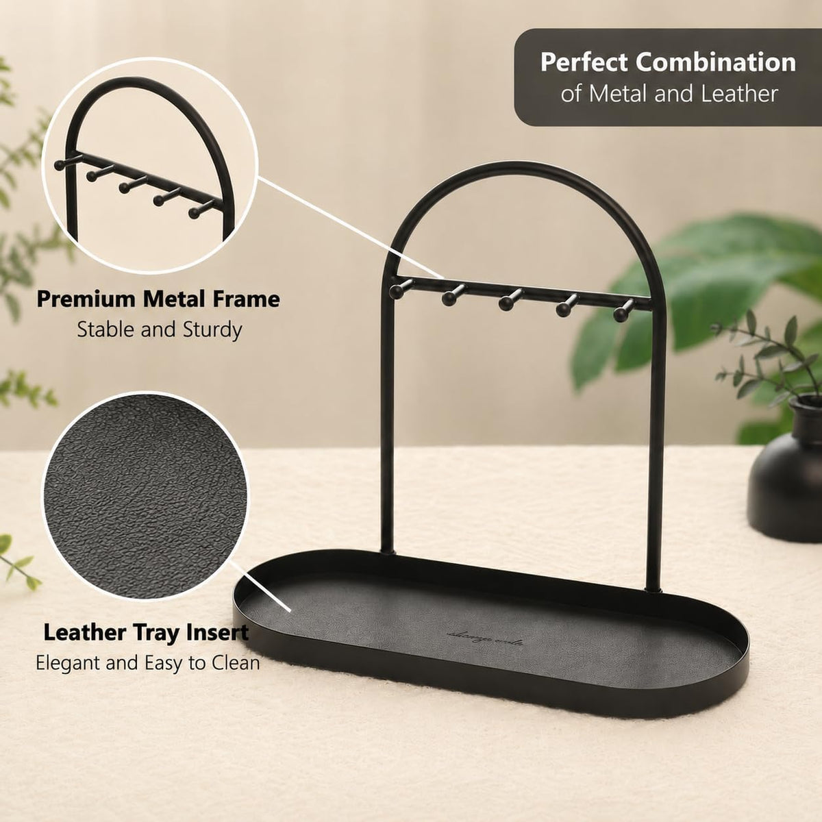 Shinpuru Key Holder Tray, Metal Stand with Leather Tray, 5 Hooks(Black)