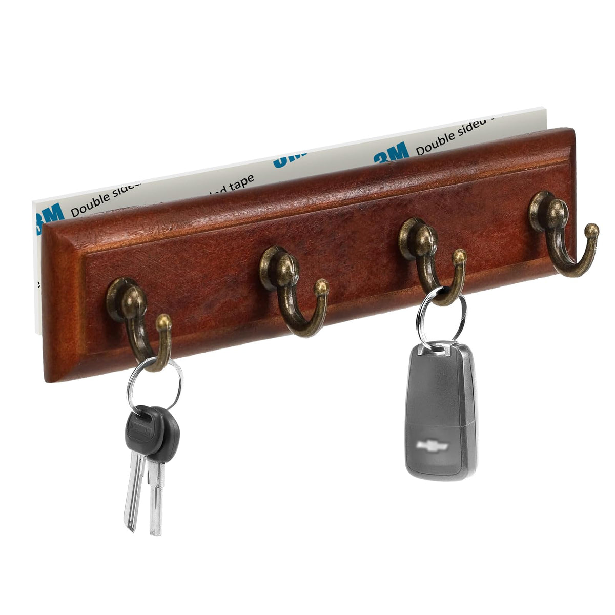 Key Holder for Wall Adhesive, No Damage Small Key Rack with 4 Hooks for Camper, RV or Office, Wooden