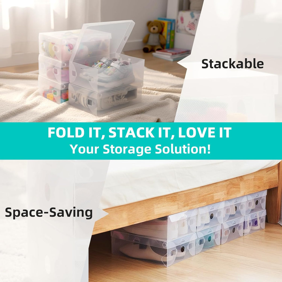 kilofly 10 Kids Women Smart Storage Containers Foldable Clear Shoe Box Set