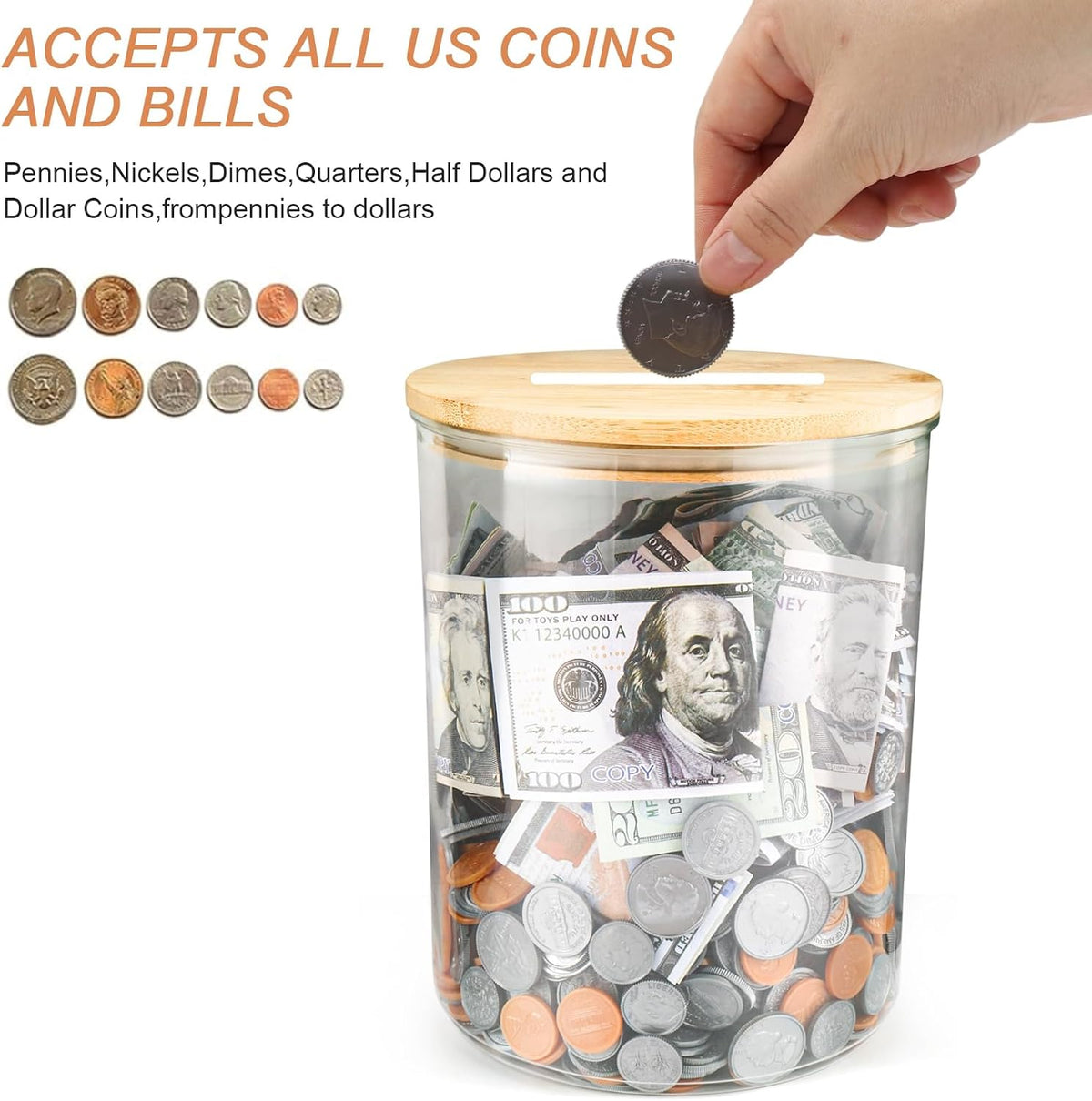 Yamahiko Large Clear Coin Bank Jar with Slotted Lid, 7/8 Gallon Reusable Money Tip Change Savings Coin Jar for Coin or Raffle Ticket, Big Clear Money Coin Tip Piggy Change Bank Box for Adults Teens