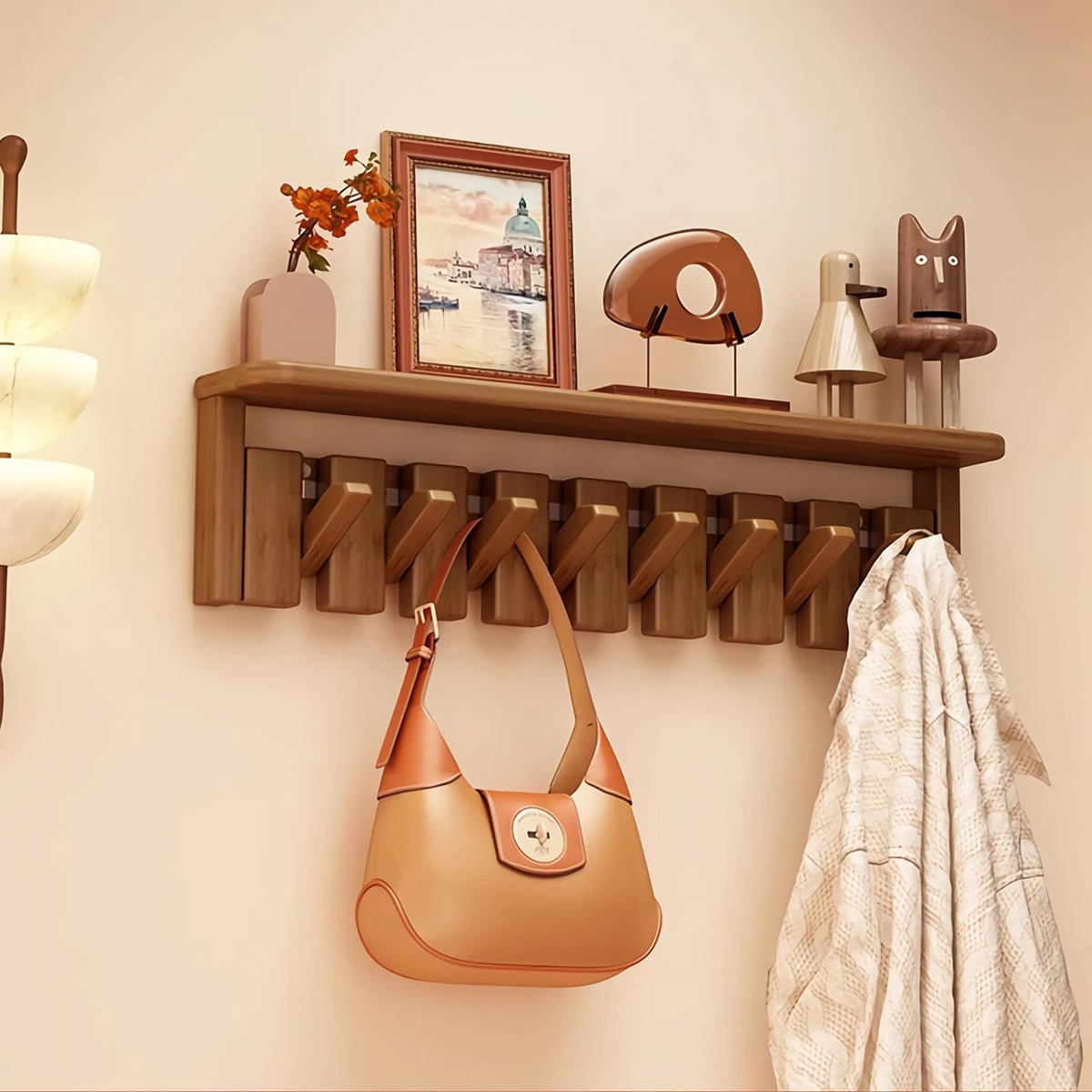Paint Wood Wall Mounted Coat RackHooks Piano Key Hangers Natural Solid Wood Hanger Non-Woven Fabric Clothes Hangers for Closet, Kitchen, Bedroom, Bathroom, Entryway (Walnut-Beech, 8 Hooks)