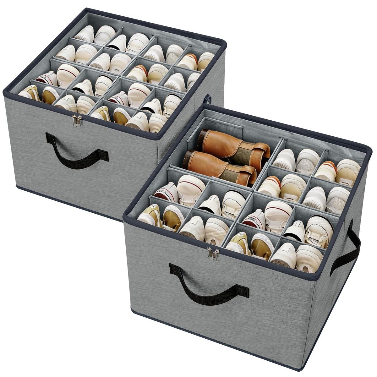 2 Pack Shoe Organizer Box – Large Capacity Shoe Storage Organizer with Transparent Cover & Flexible Dividers, Fits 16-32 Pairs, Fabric Shoe Storage Organizer Box, Entryway, Dorm