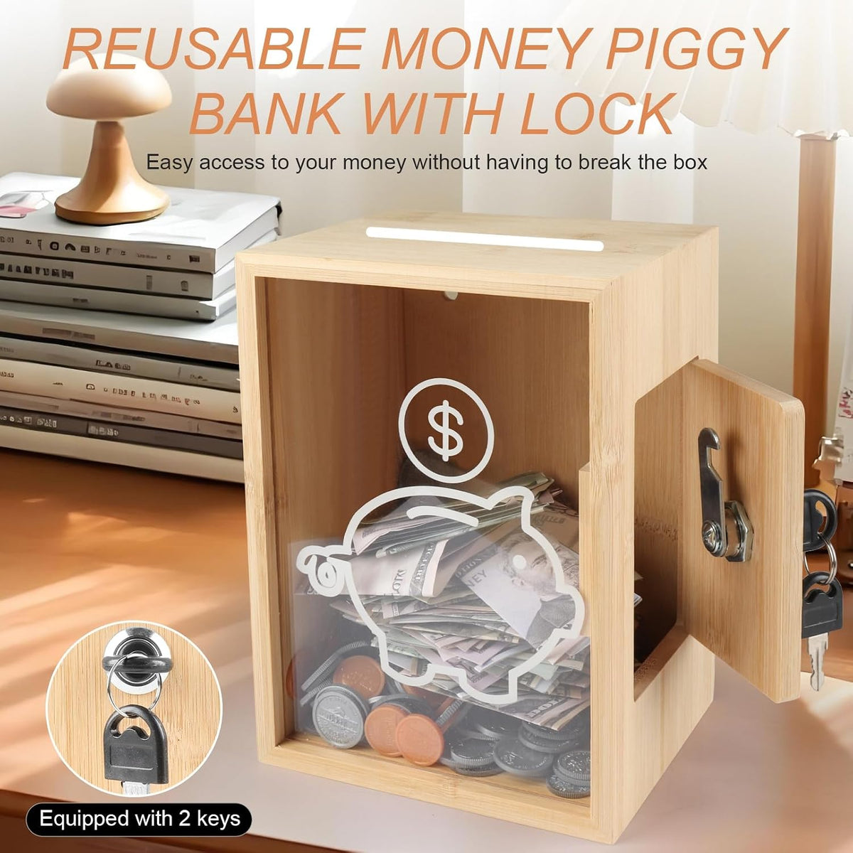 Clear Piggy Bank with Lock, Large Money Saving Jar Money Bank Box Container for Cash Saving, Openable Clear Money Coin Change Bank Jar Container Penny Piggy Jar Bank for Adults Kids, Bamboo