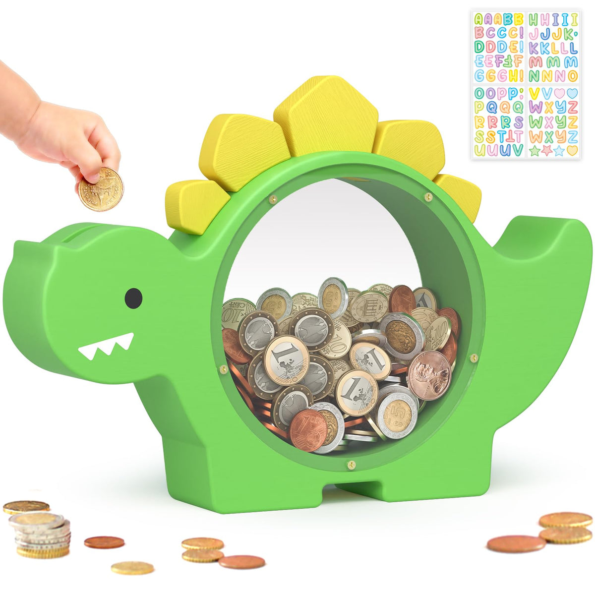 Summidate Wooden Dinosaur Piggy Bank, Large Clear Money Bank for Kids Boys