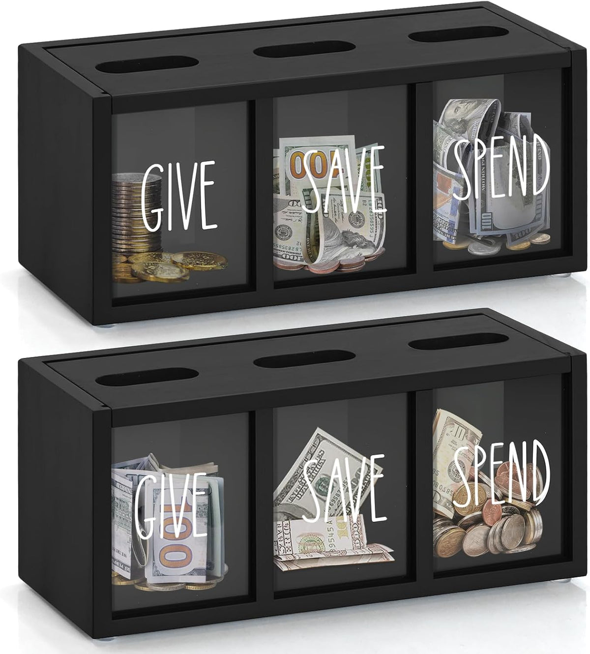 2 Pcs Piggy Bank for Kids Girls Boys, Wooden Give Save Spend Bank for Money Saving Box, Rustic Coin Banks for Adults, Change Coin Jar for Piggy Bank Toy, Early Ideas for Kids