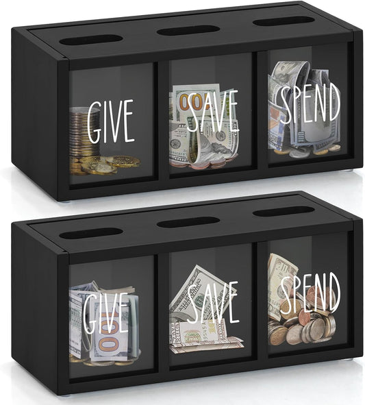 2 Pcs Piggy Bank for Kids Girls Boys, Wooden Give Save Spend Bank for Money Saving Box, Rustic Coin Banks for Adults, Change Coin Jar for Piggy Bank Toy, Early Ideas for Kids