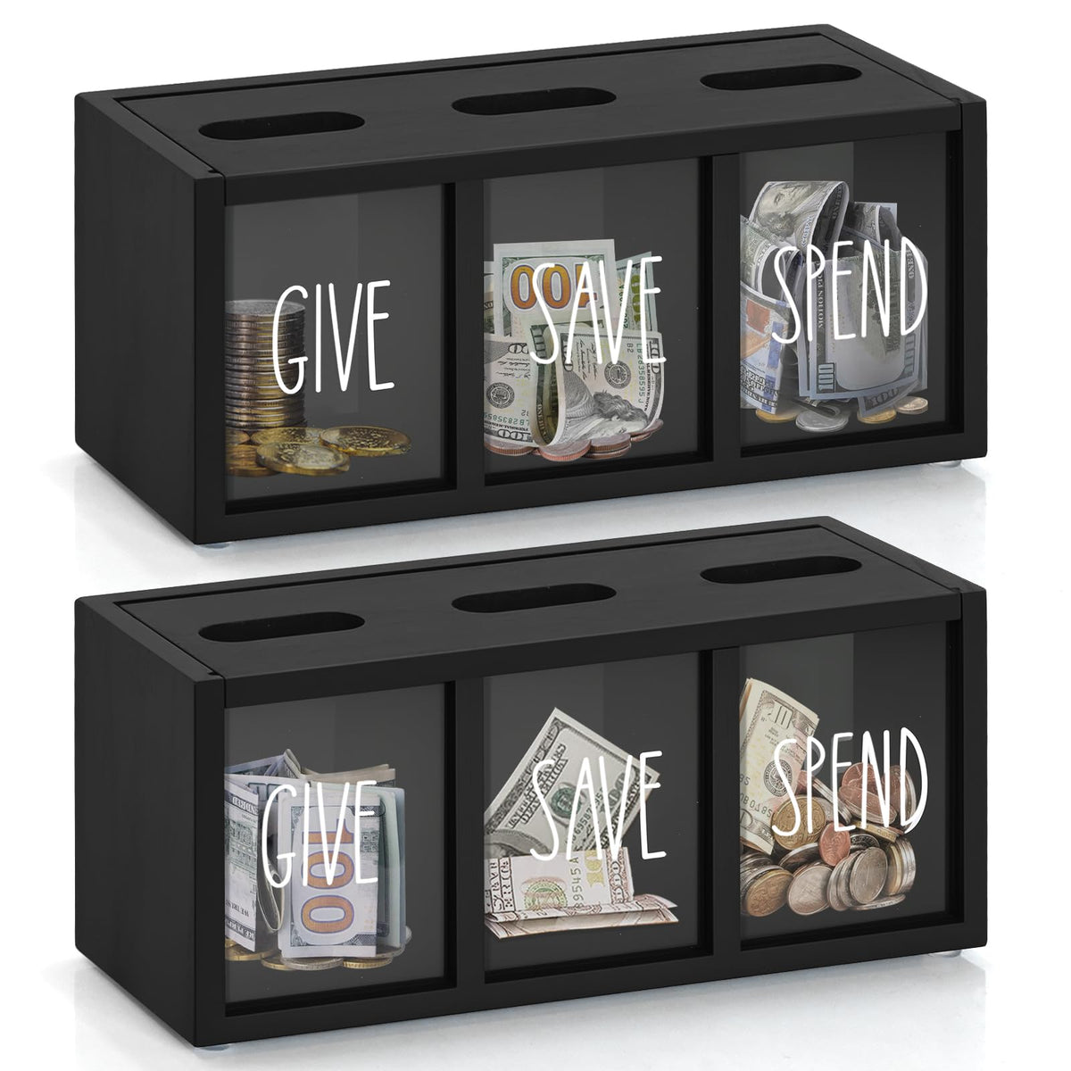 2 Pcs Piggy Bank for Kids Girls Boys, Wooden Give Save Spend Bank for Money Saving Box, Rustic Coin Banks for Adults, Change Coin Jar for Piggy Bank Toy, Early Ideas for Kids