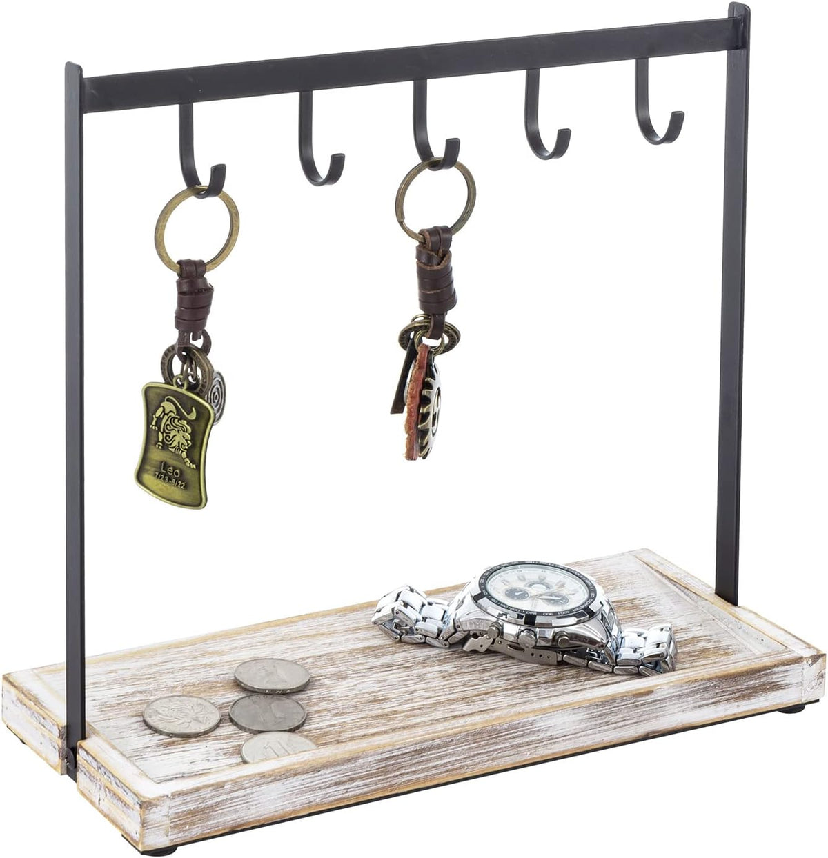 MyGift Entryway Black Metal Key Holder with 5 Hooks & Whitewashed Wood Base