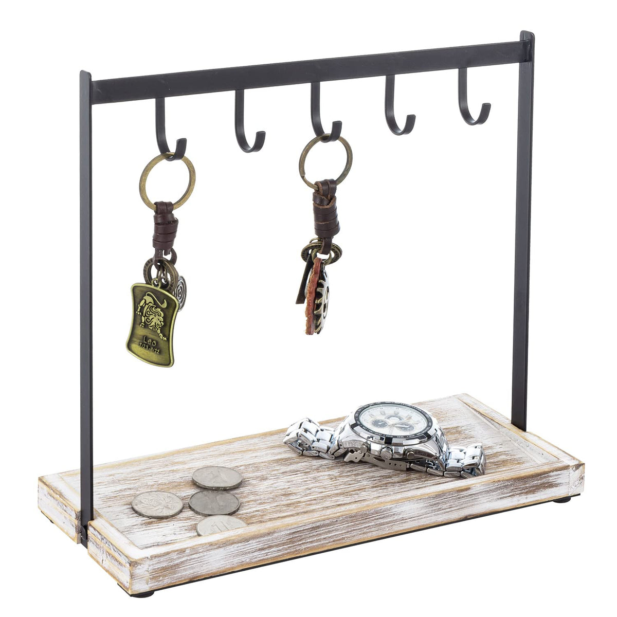 MyGift Entryway Black Metal Key Holder with 5 Hooks & Whitewashed Wood Base