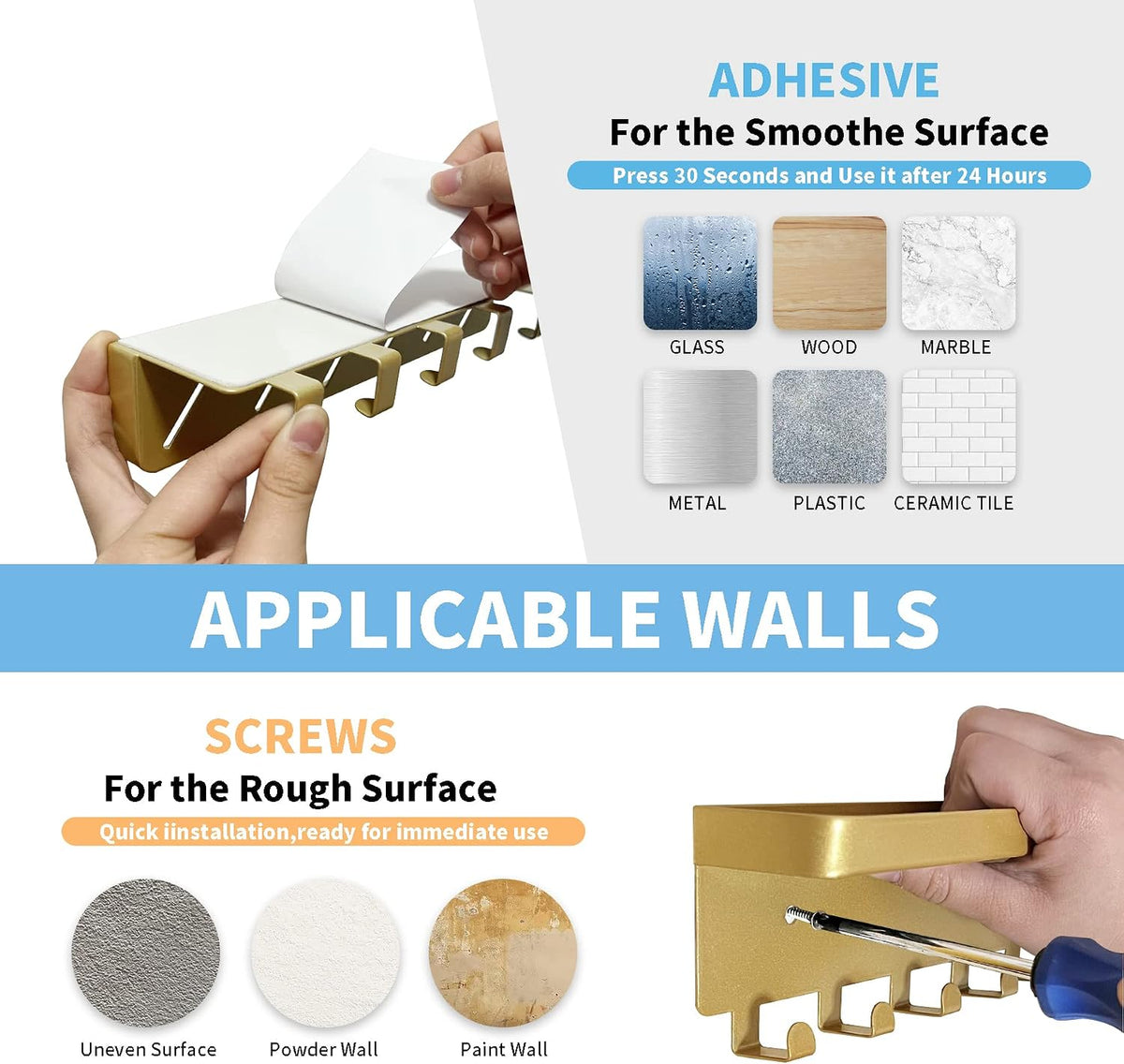 GTK Key Holder for Wall, Key Hooks with Tray and 6 Hooks, Wall Mounted Key Holder for Hallway, Key Rack with Shelf for Mail Storage (Gold)